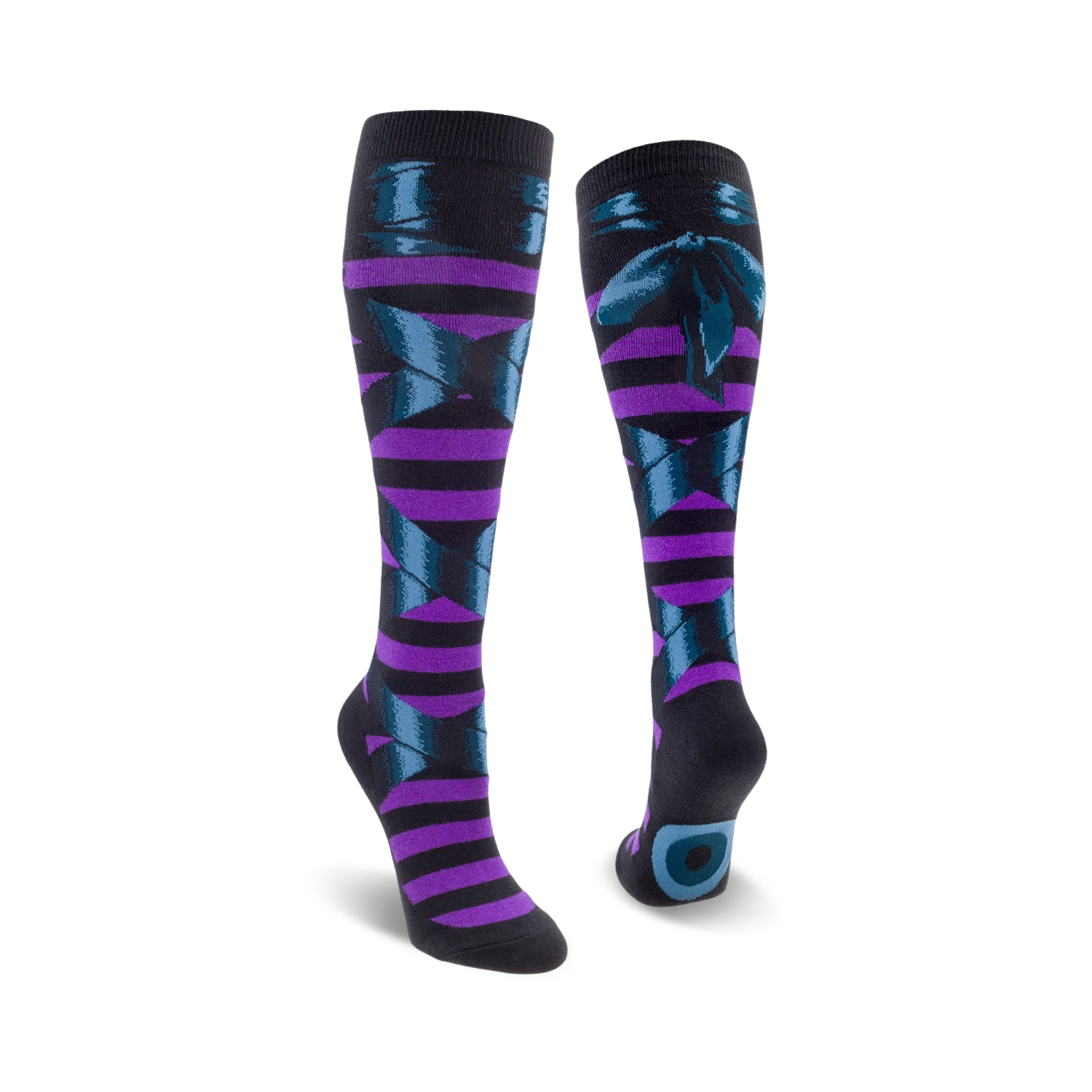 A pair of knee-high socks in purple and teal.  The socks feature a striped pattern and a dark teal bow design.