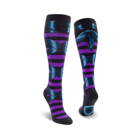 knee-high black womens socks featuring a pattern of purple and blue ballet slippers with ribbons.  