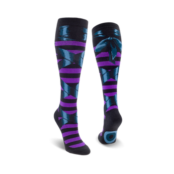 knee-high black womens socks featuring a pattern of purple and blue ballet slippers with ribbons.  