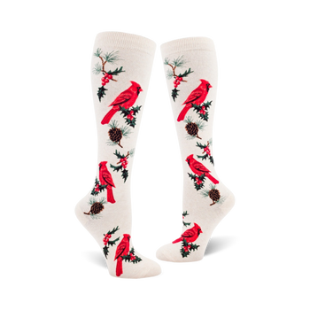 white knee high womens socks with a festive cardinal, pine boughs, and berry pattern.   