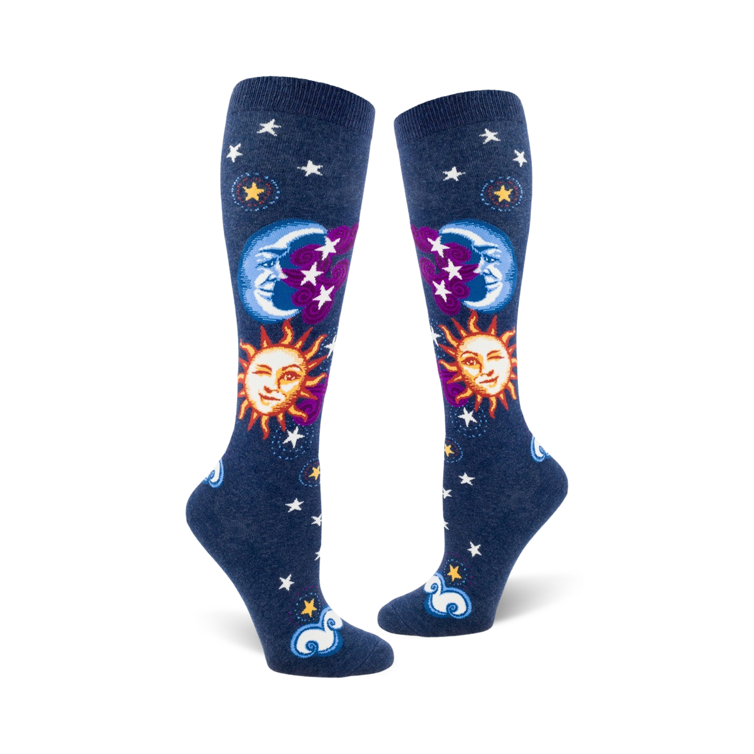 Pair of navy blue knee-high socks with whimsical sun, moon, and stars design.  Features smiling sun and moon faces, purple accents, and white stars.