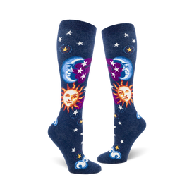 blue women's knee-high celestial socks with white star, moon, and cloud pattern   
