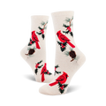 Cream crew socks with a pattern of red cardinals, holly sprigs, and pine cones.  A classic holiday design for cozy comfort.