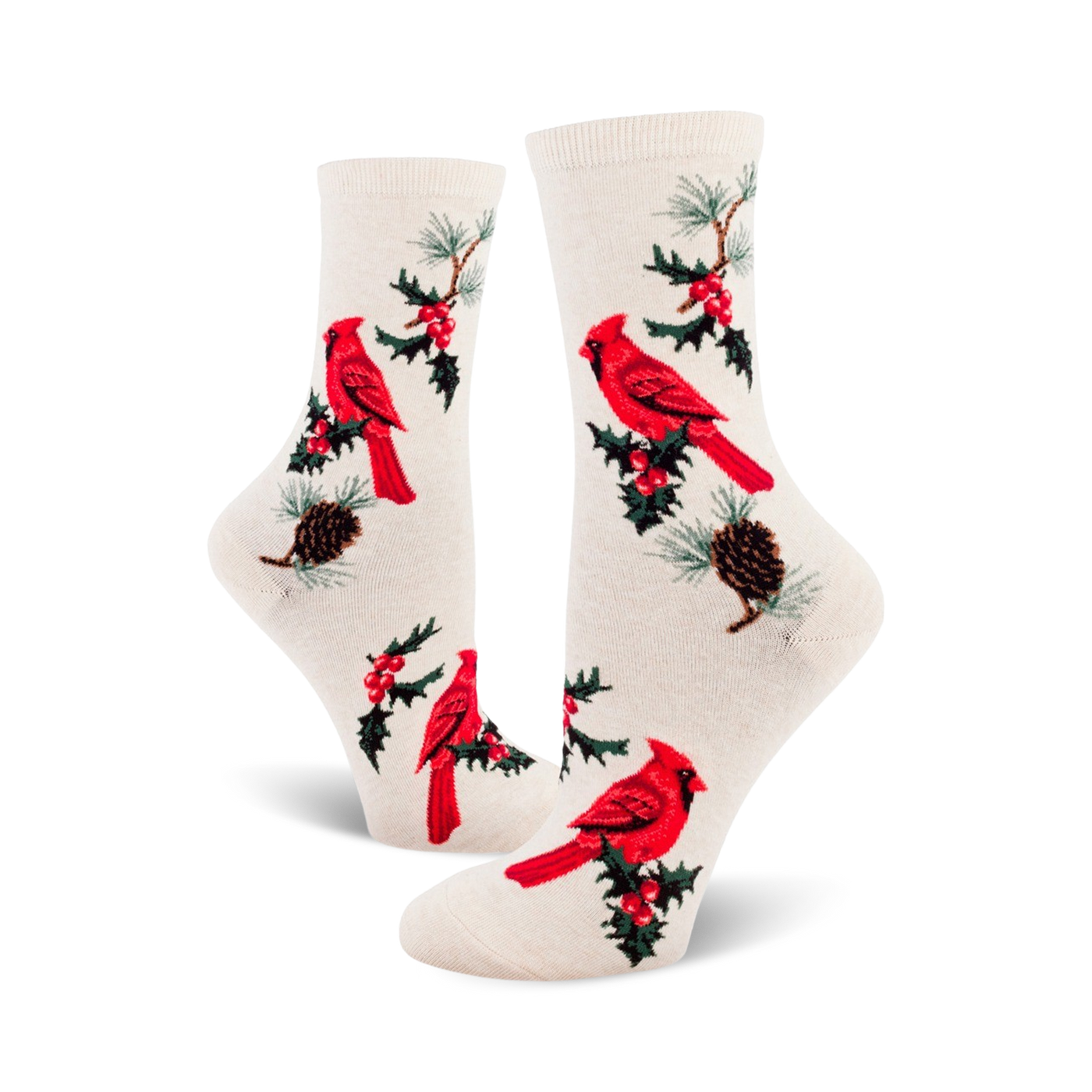 Cream crew socks with a pattern of red cardinals, holly sprigs, and pine cones.  A classic holiday design for cozy comfort.