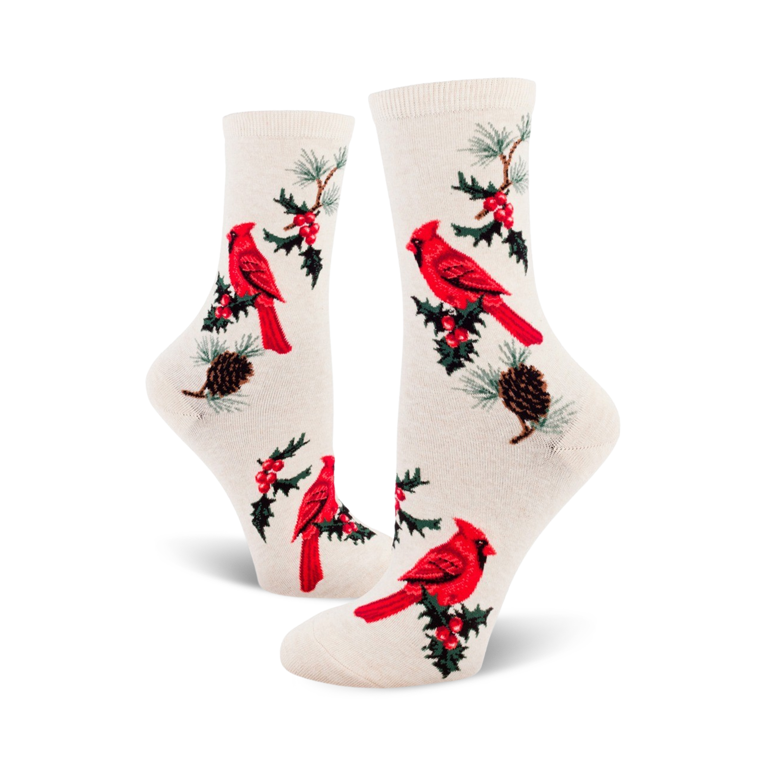 Cream crew socks with a pattern of red cardinals, holly sprigs, and pine cones.  A classic holiday design for cozy comfort.