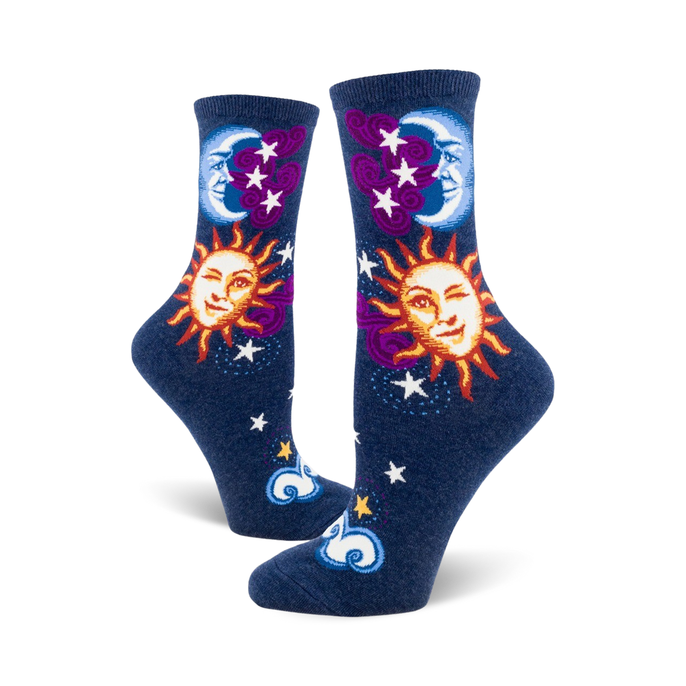 Pair of navy blue crew socks with whimsical sun, moon, stars, and clouds. The sun and moon have smiling faces.