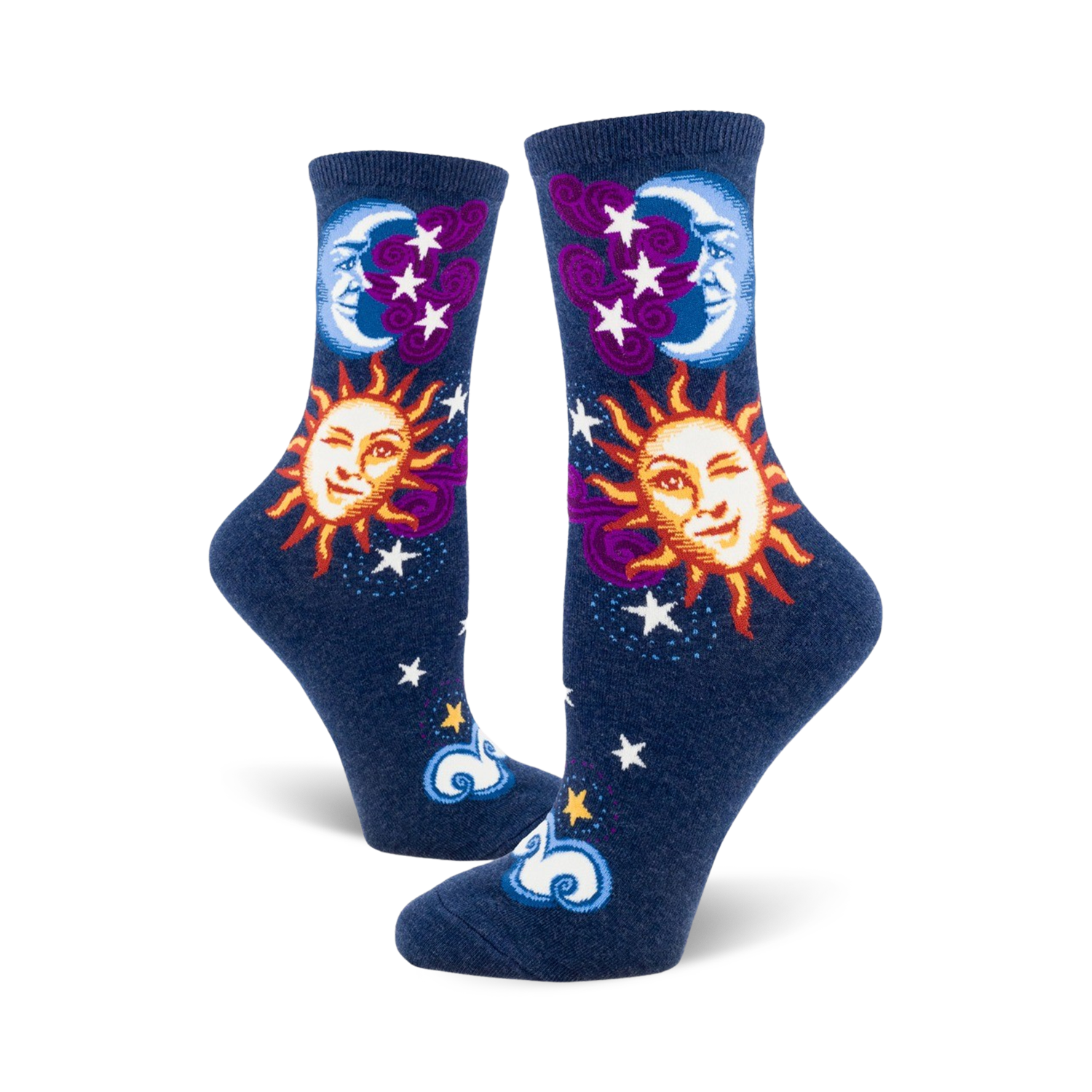 Pair of navy blue crew socks with whimsical sun, moon, stars, and clouds. The sun and moon have smiling faces.