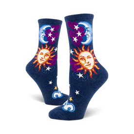 crew length celestial socks for women featuring suns, moons, stars, and clouds in bright colors with smiling faces.   
