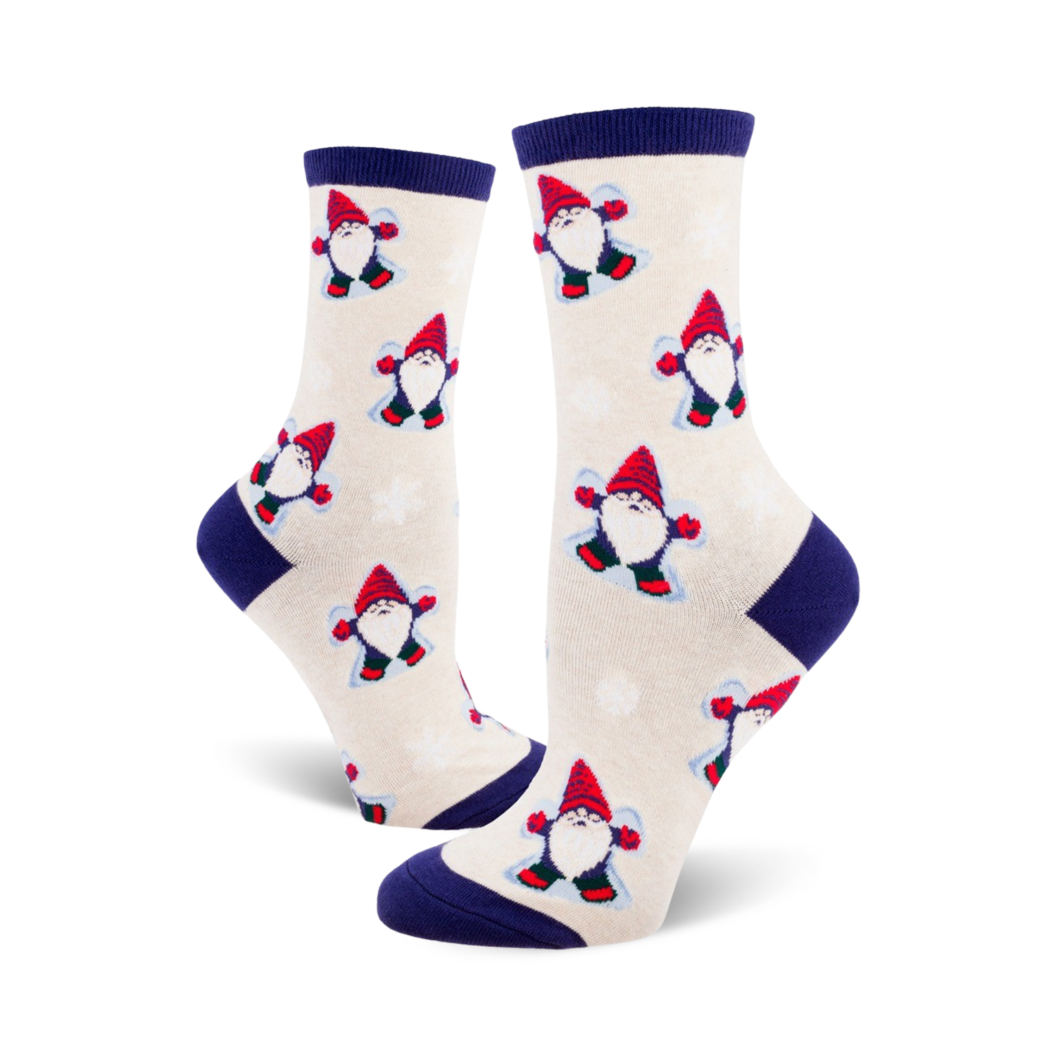 Cream crew socks with a repeating pattern of red-hatted snow gnomes making snow angels.  Navy blue cuffs.