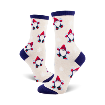 white crew socks with red and purple gnomes wearing red hats making snow angels.  