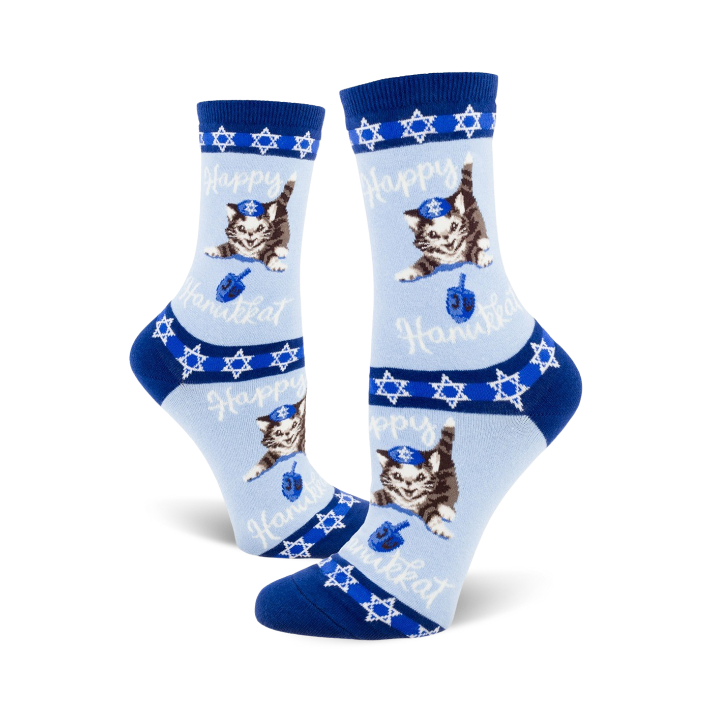 Crew socks in light blue, navy blue, and white.  The design features a repeating pattern of cats wearing yarmulkes and holding dreidels.  Text says 'Happy Hanukkah'.