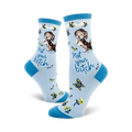 Crew socks in light blue with a cute puppy, butterflies, flowers, and the text 'Not your bitch'.