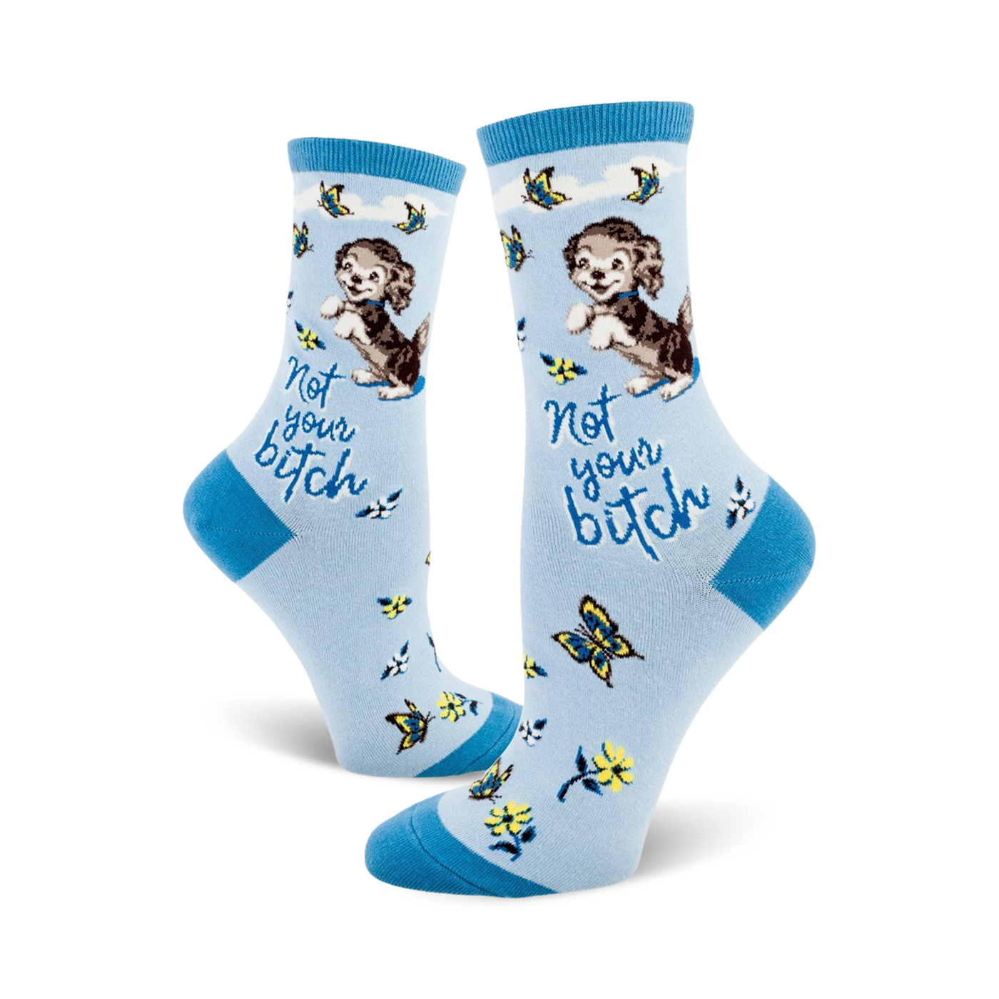 Crew socks in light blue with a cute puppy, butterflies, flowers, and the text 'Not your bitch'.