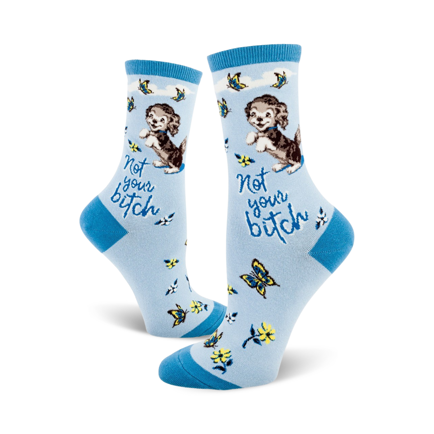 Crew socks in light blue with a cute puppy, butterflies, flowers, and the text 'Not your bitch'.