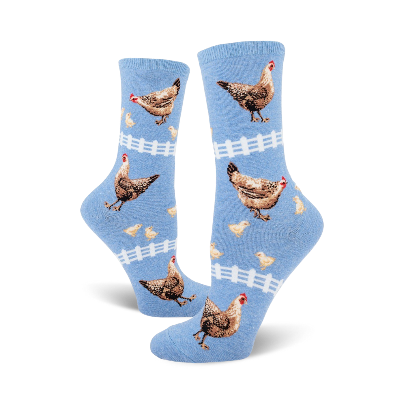 A pair of light blue crew socks with hens, chicks, and white picket fences. The chickens are brown and tan.