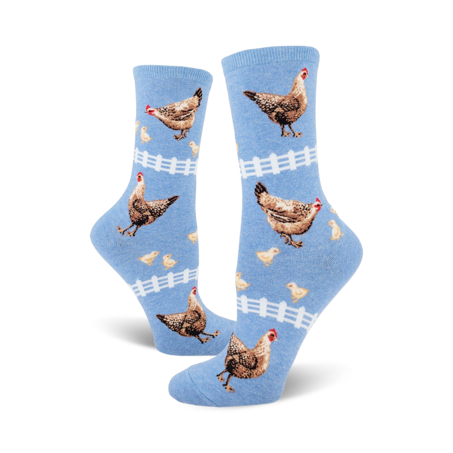 A pair of light blue crew socks with hens, chicks, and white picket fences. The chickens are brown and tan.
