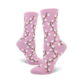 Pair of women's crew socks in pink and light brown, featuring a repeating pattern of pussy willow branches.