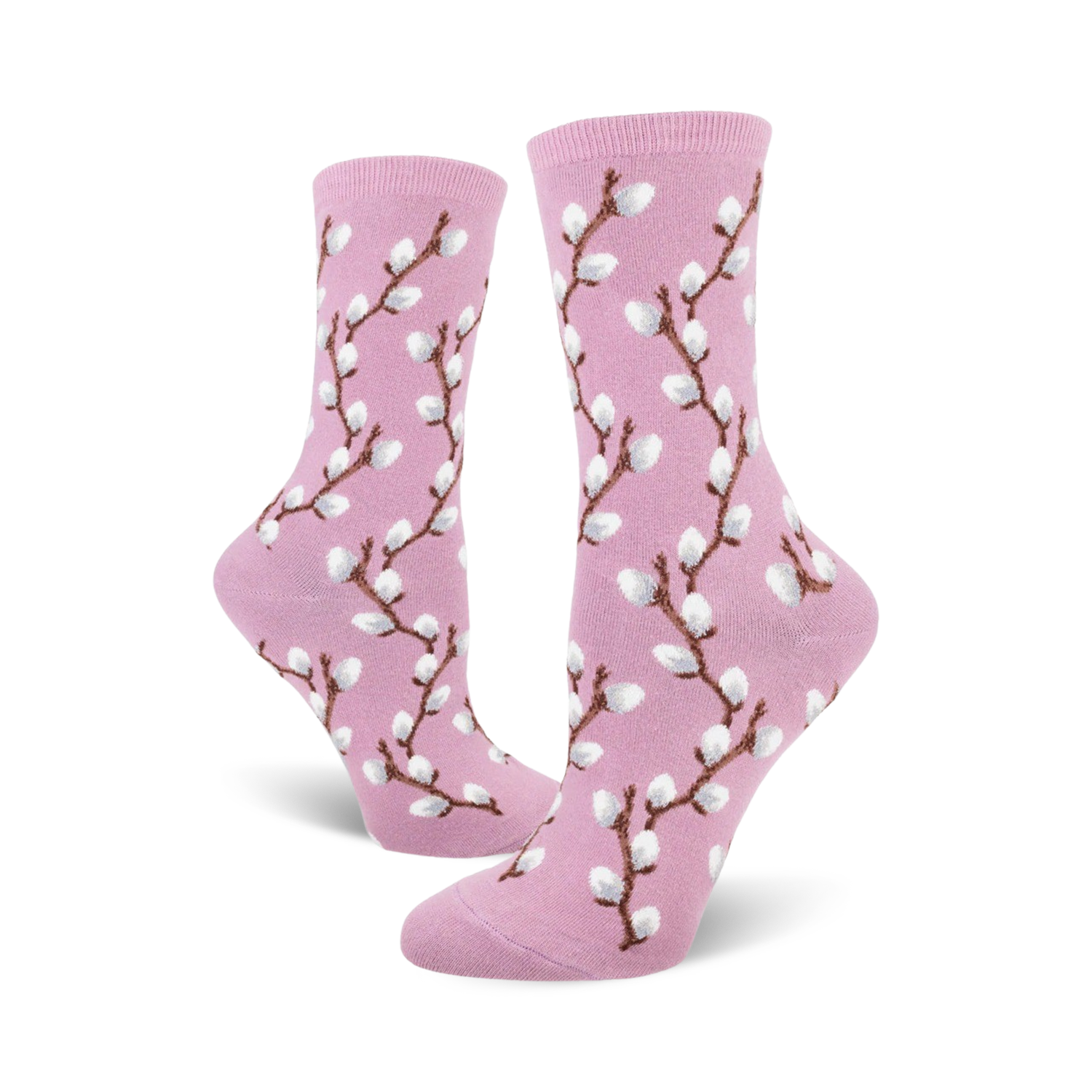 Pair of women's crew socks in pink and light brown, featuring a repeating pattern of pussy willow branches.