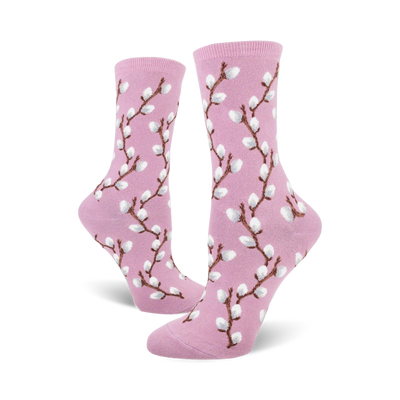 Pair of women's crew socks in pink and light brown, featuring a repeating pattern of pussy willow branches.