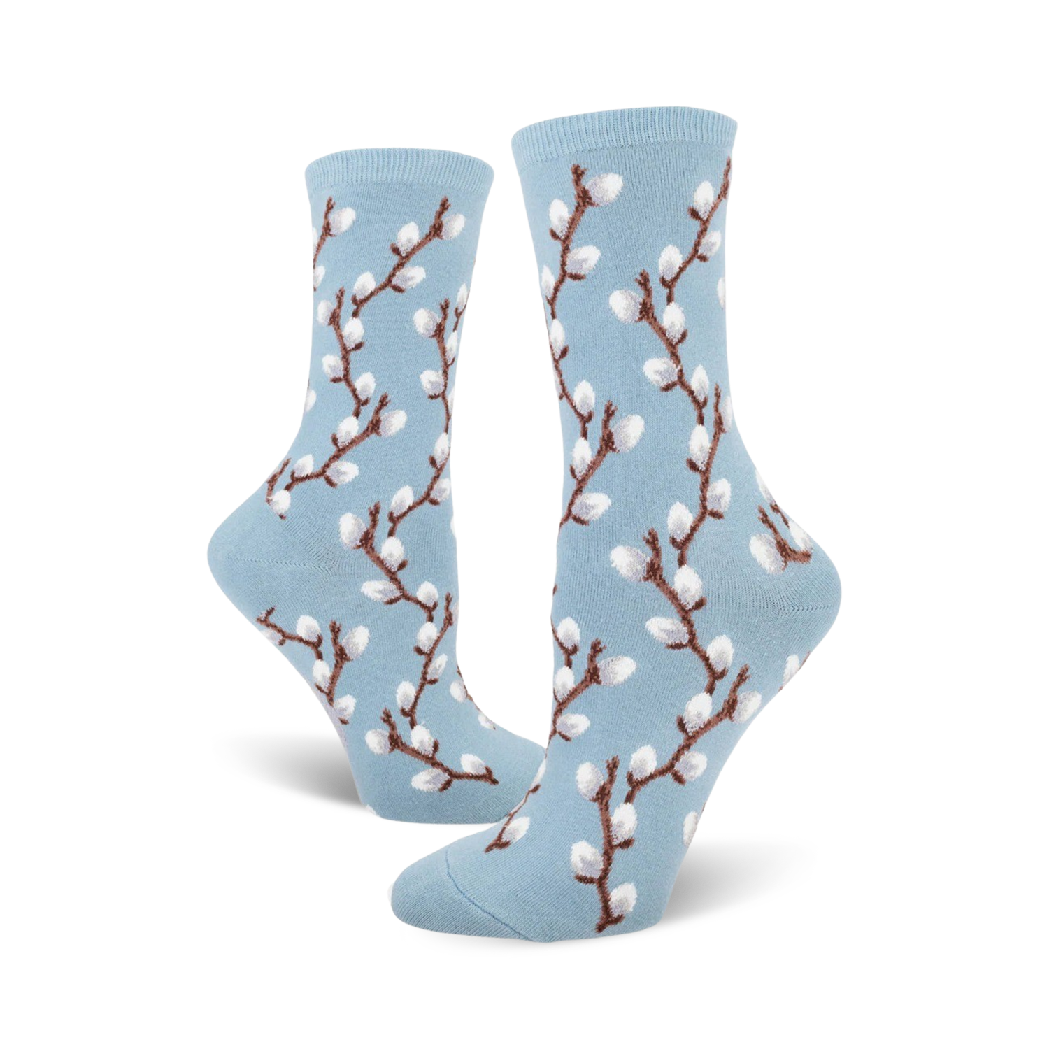 Lifestyle product shot showing a person wearing the light blue pussy willow socks.