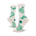 Cream and pink crew socks with a scattered pattern of green succulents.  A fun, botanical design.