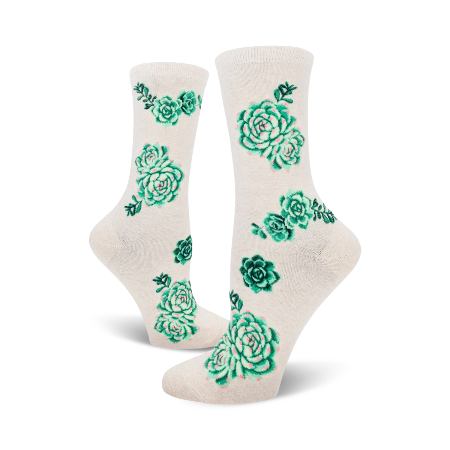Cream and pink crew socks with a scattered pattern of green succulents.  A fun, botanical design.