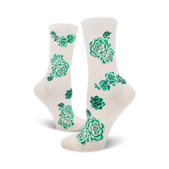 women's crew socks featuring a pattern of green succulents with pink edges.   