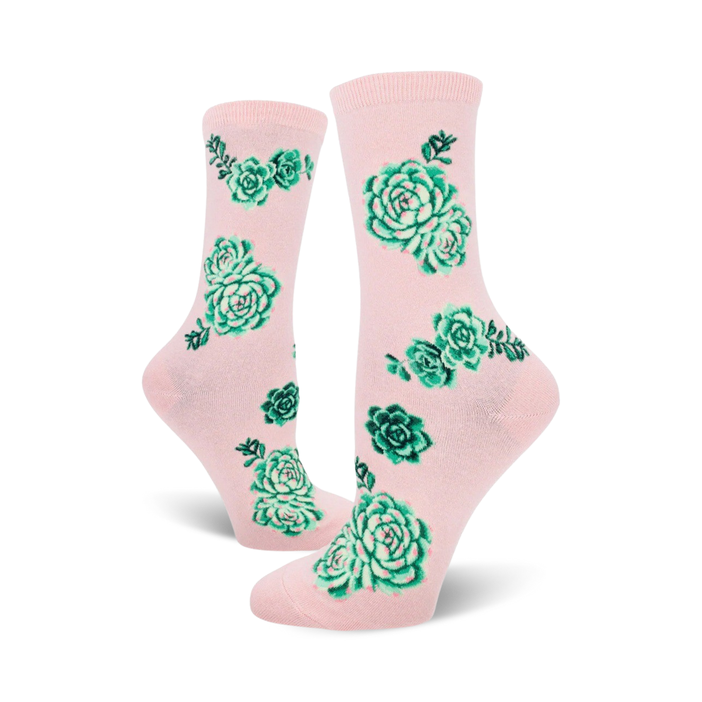 Lifestyle shot of the pink succulent socks on a model's feet.