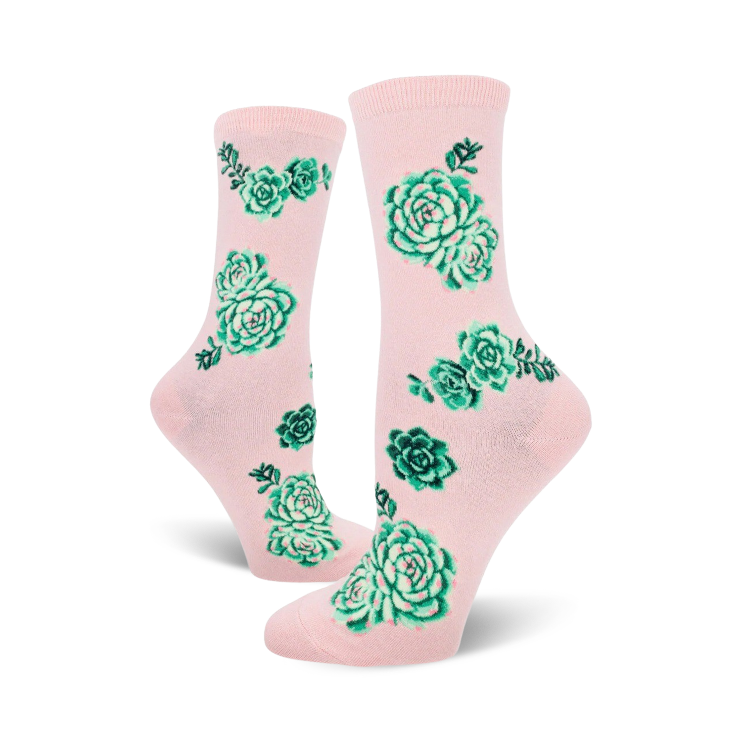 Lifestyle shot of the pink succulent socks on a model's feet.