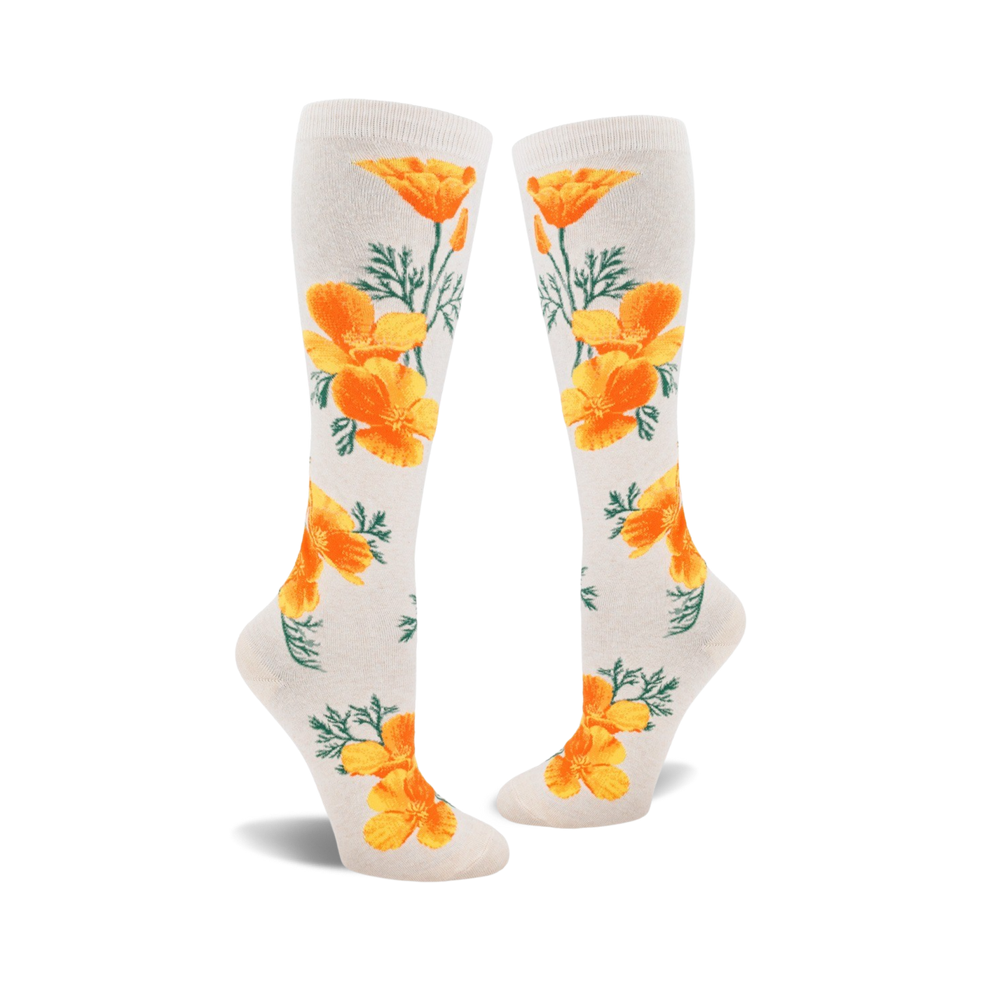 Pair of cream-colored knee-high socks adorned with a repeating pattern of bright orange California poppies and green leaves.