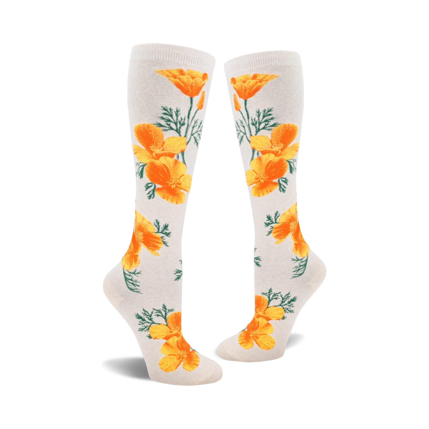 Pair of cream-colored knee-high socks adorned with a repeating pattern of bright orange California poppies and green leaves.