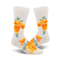 Pair of off-white crew socks featuring a repeating pattern of bright orange California poppies and green leaves.