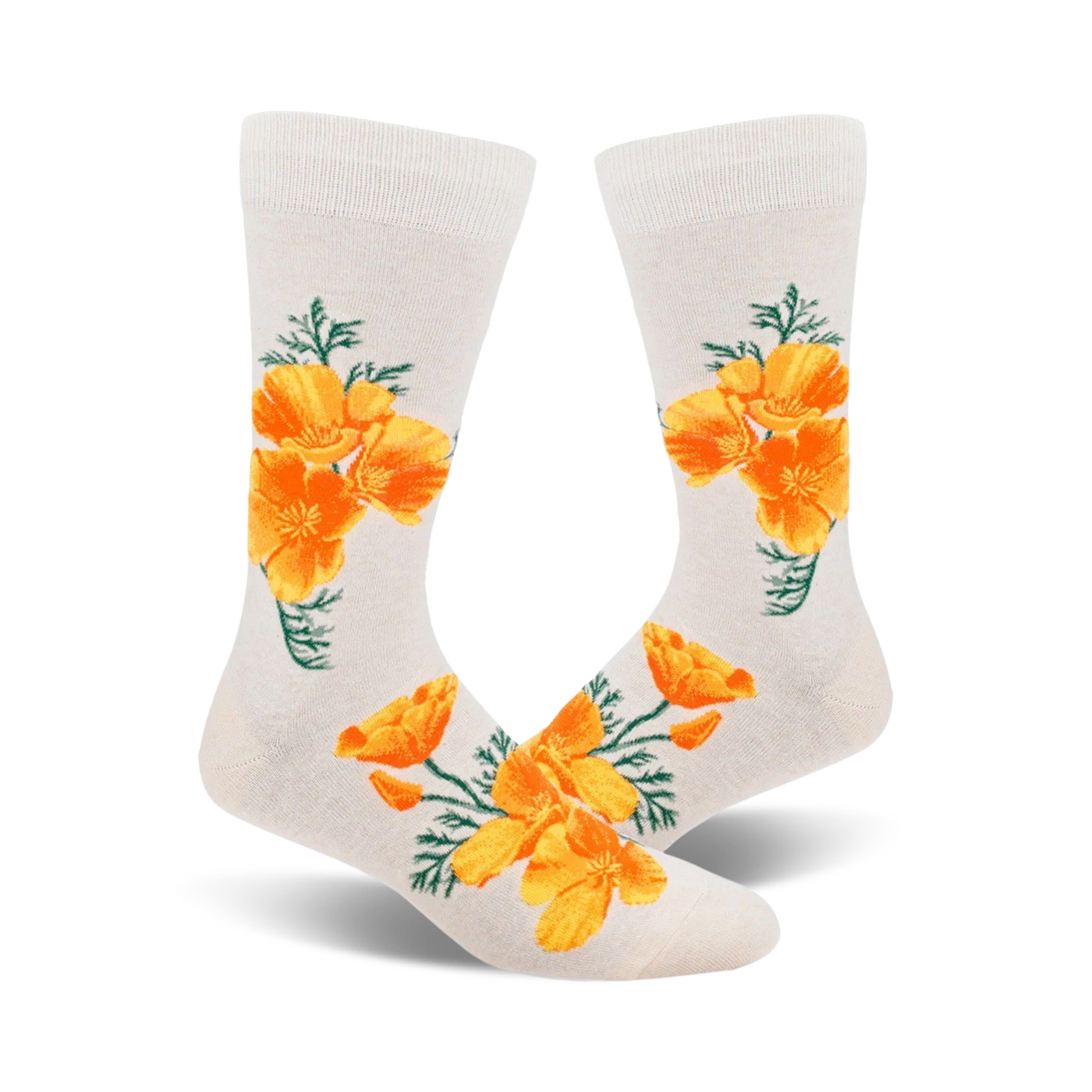 Pair of off-white crew socks featuring a repeating pattern of bright orange California poppies and green leaves.
