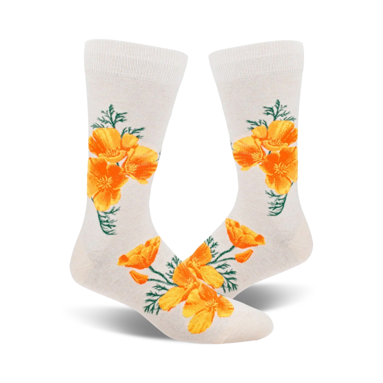Pair of off-white crew socks featuring a repeating pattern of bright orange California poppies and green leaves.