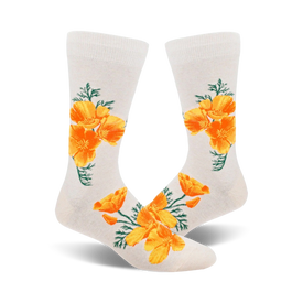 california poppy floral themed mens white novelty crew socks