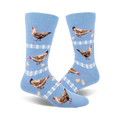 Pair of light blue crew socks with brown hens, yellow chicks, and white picket fences. Fun, whimsical design.