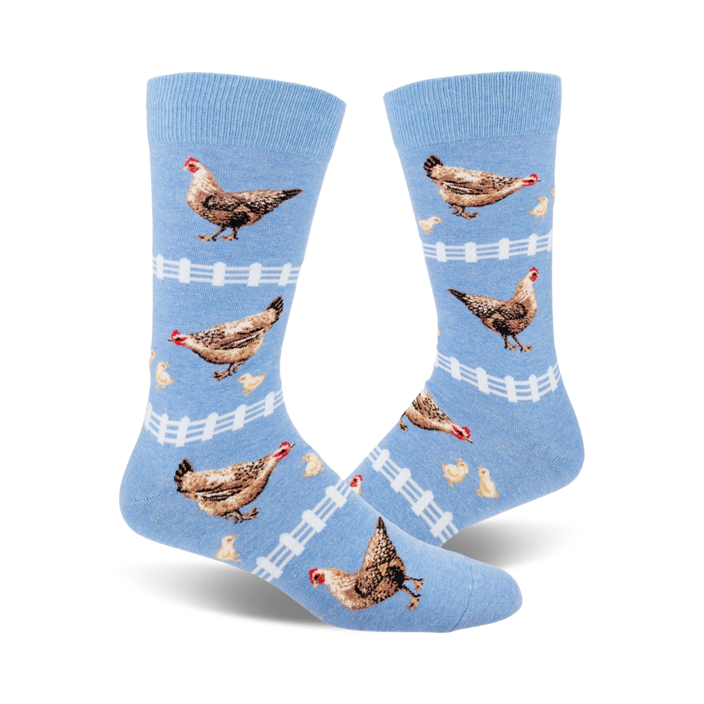 Pair of light blue crew socks with brown hens, yellow chicks, and white picket fences. Fun, whimsical design.