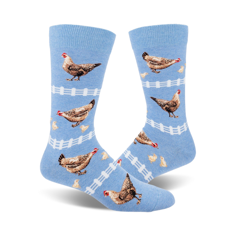 Pair of light blue crew socks with brown hens, yellow chicks, and white picket fences. Fun, whimsical design.