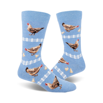 mens crew socks with a pattern of brown chickens with red combs and yellow beaks in front of a white picket fence with yellow chicks.   