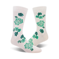 Pair of cream crew socks adorned with teal and green succulent plants.  A fun and quirky design.