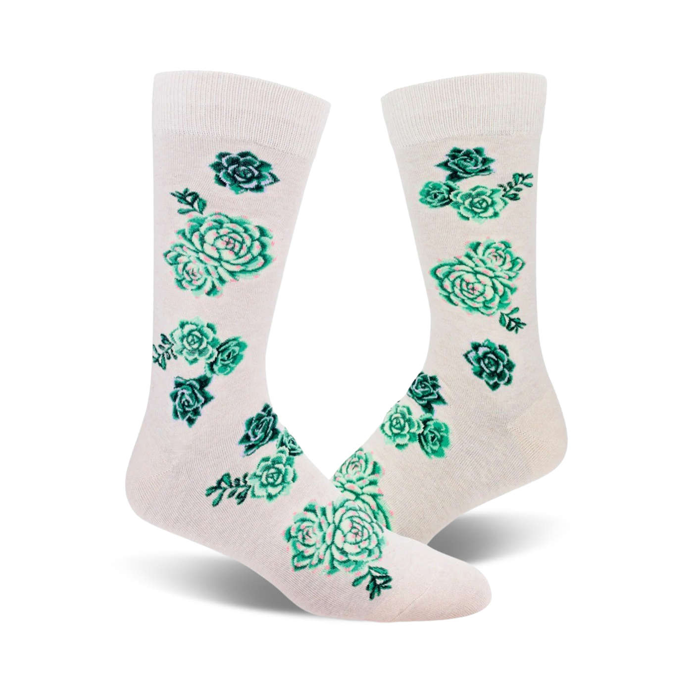 Pair of cream crew socks adorned with teal and green succulent plants.  A fun and quirky design.