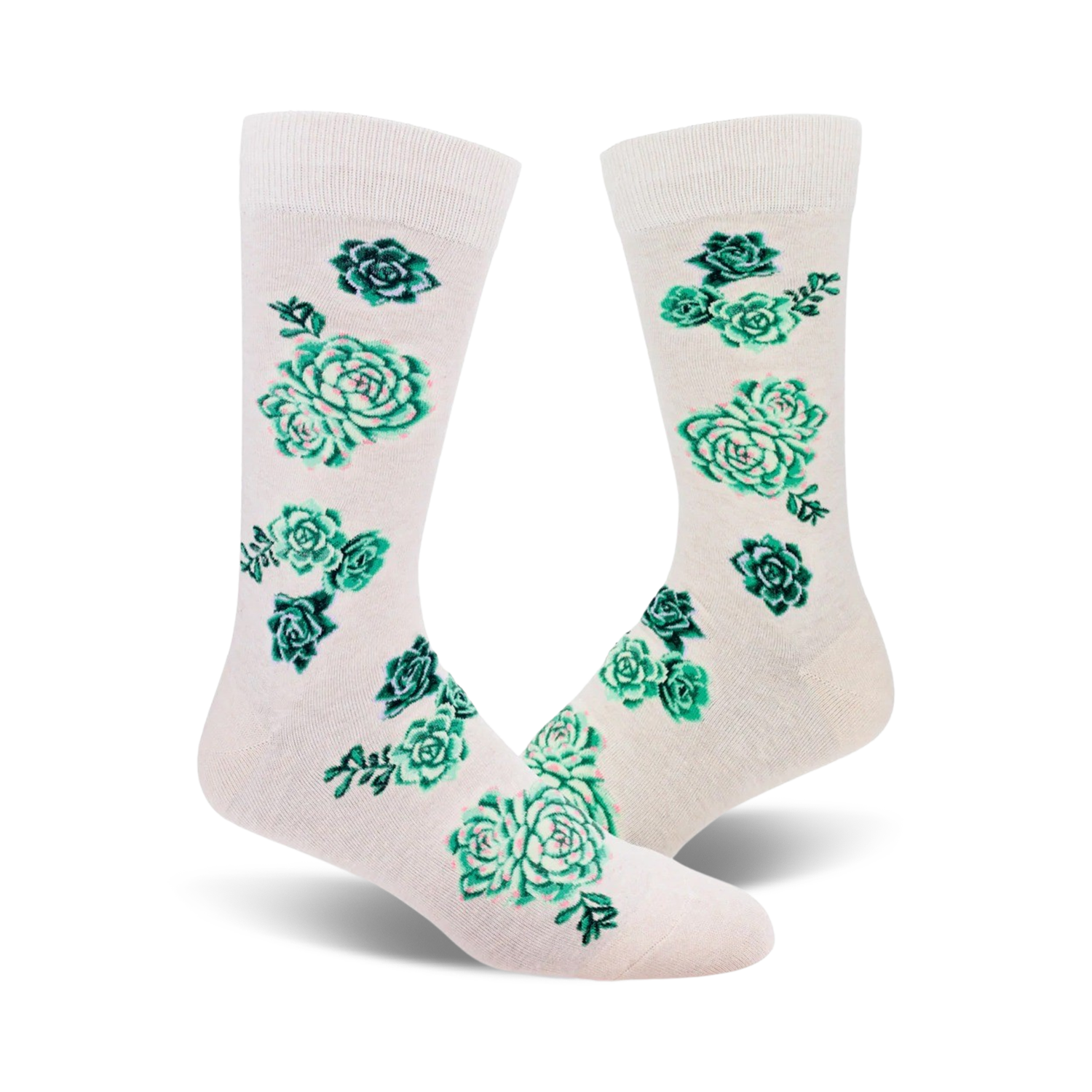 Pair of cream crew socks adorned with teal and green succulent plants.  A fun and quirky design.