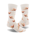 Cream crew socks with a repeating pattern of brown snails leaving rainbow trails. Fun and whimsical design.