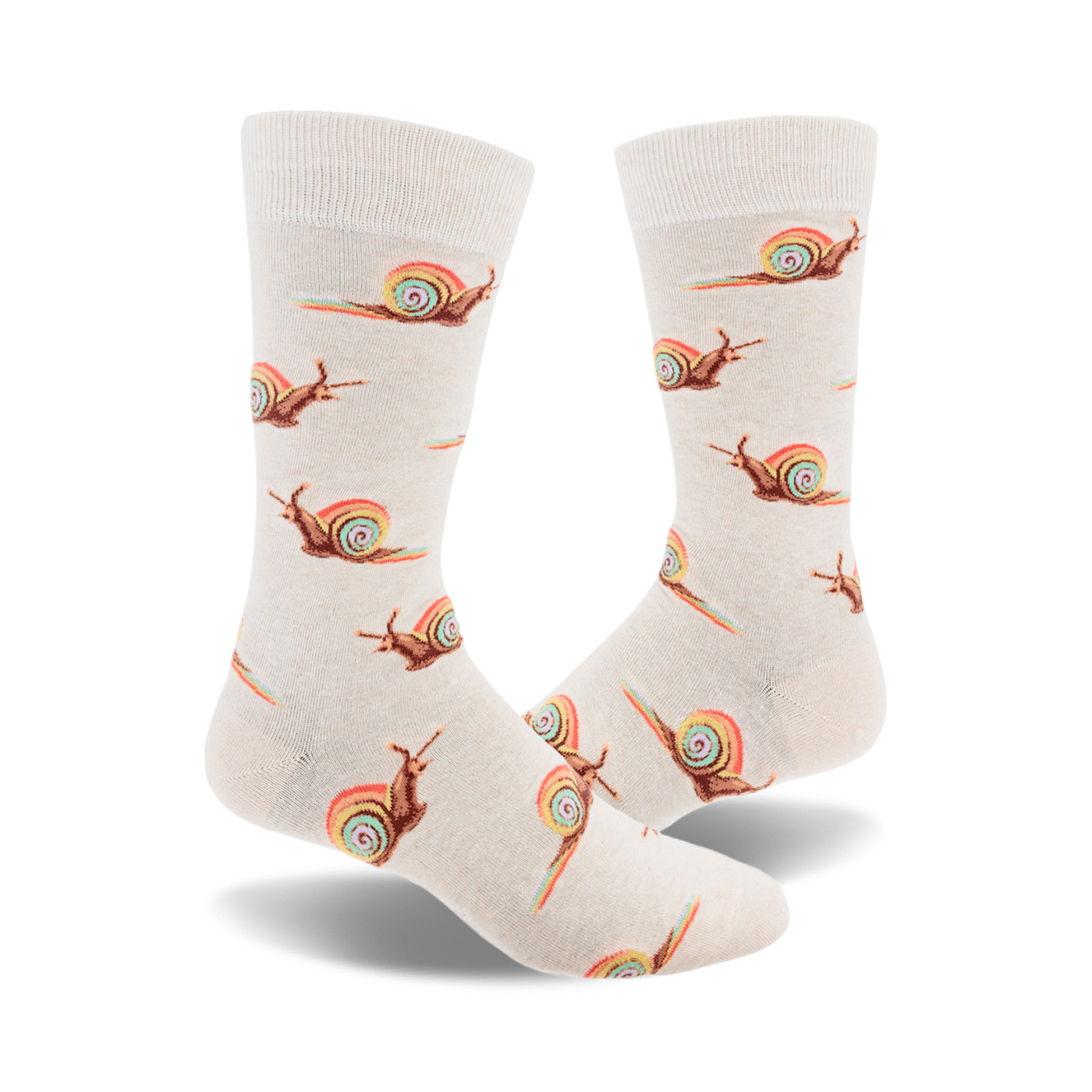 Cream crew socks with a repeating pattern of brown snails leaving rainbow trails. Fun and whimsical design.