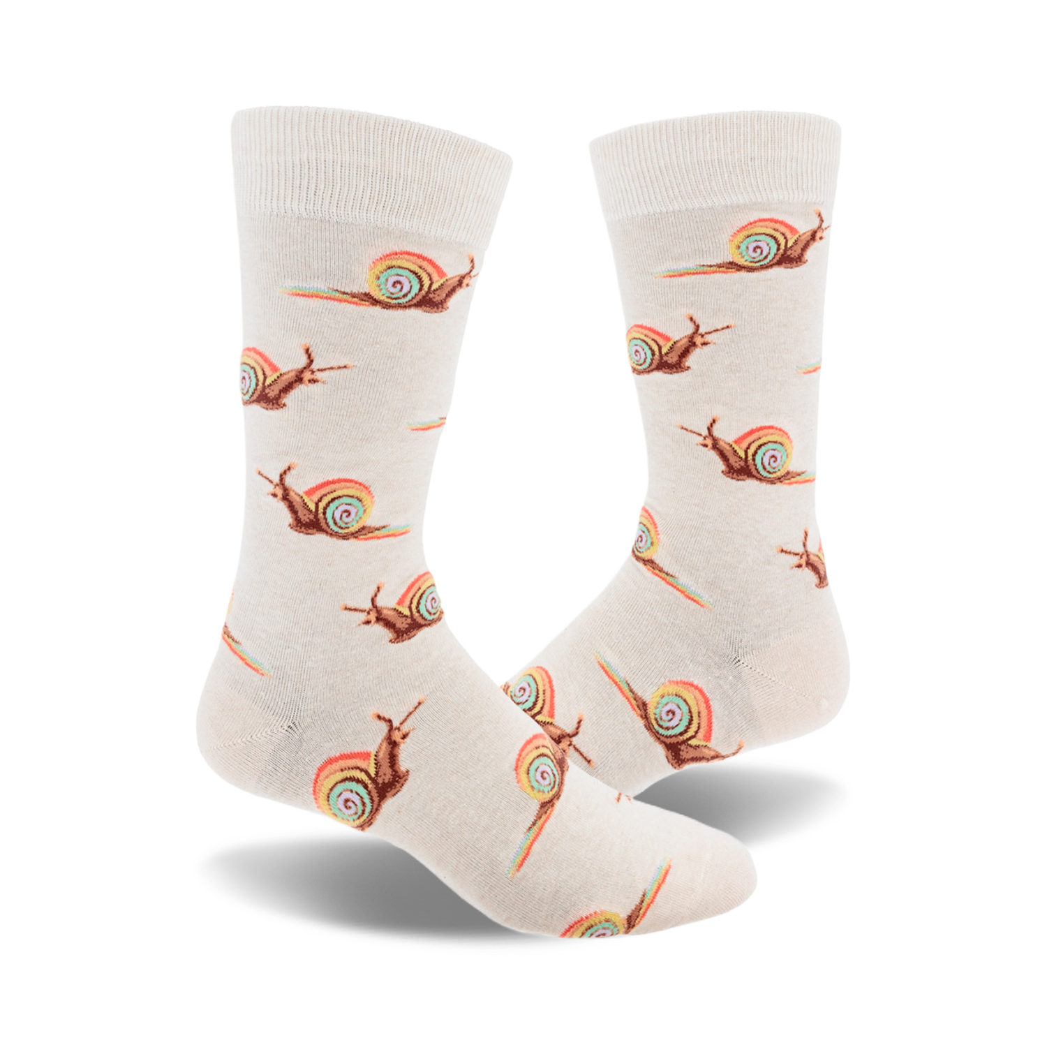 Cream crew socks with a repeating pattern of brown snails leaving rainbow trails. Fun and whimsical design.