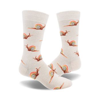 socks that are white with a pattern of snails with rainbow shells.