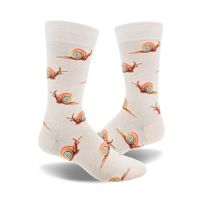 socks that are white with a pattern of snails with rainbow shells.