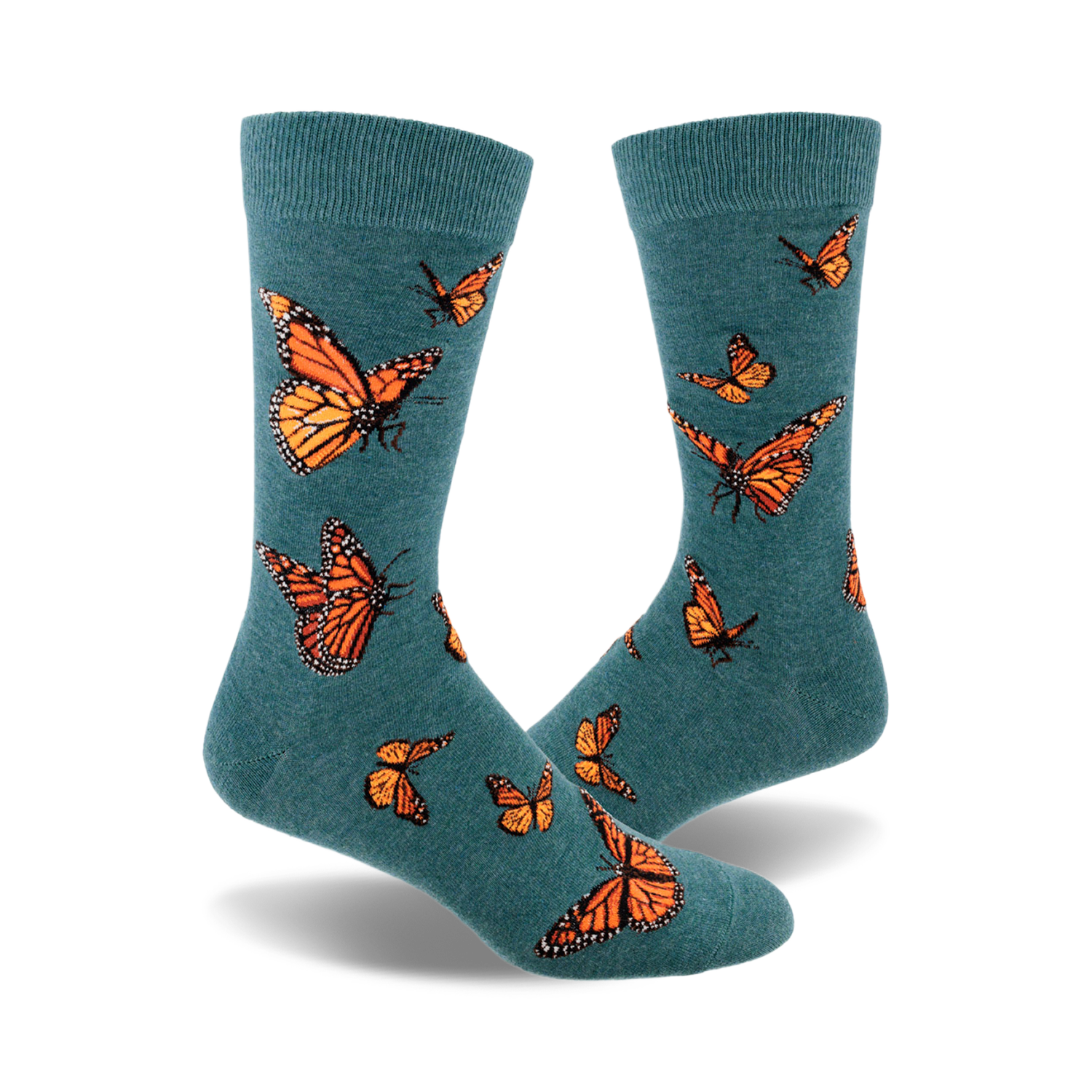 A pair of teal crew socks featuring a pattern of orange monarch butterflies.  A whimsical and nature-inspired design.