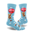 Crew socks in light blue with a teddy bear holding a 'Fuck My Life' balloon, surrounded by clouds and birds. Funny and slightly dark design.