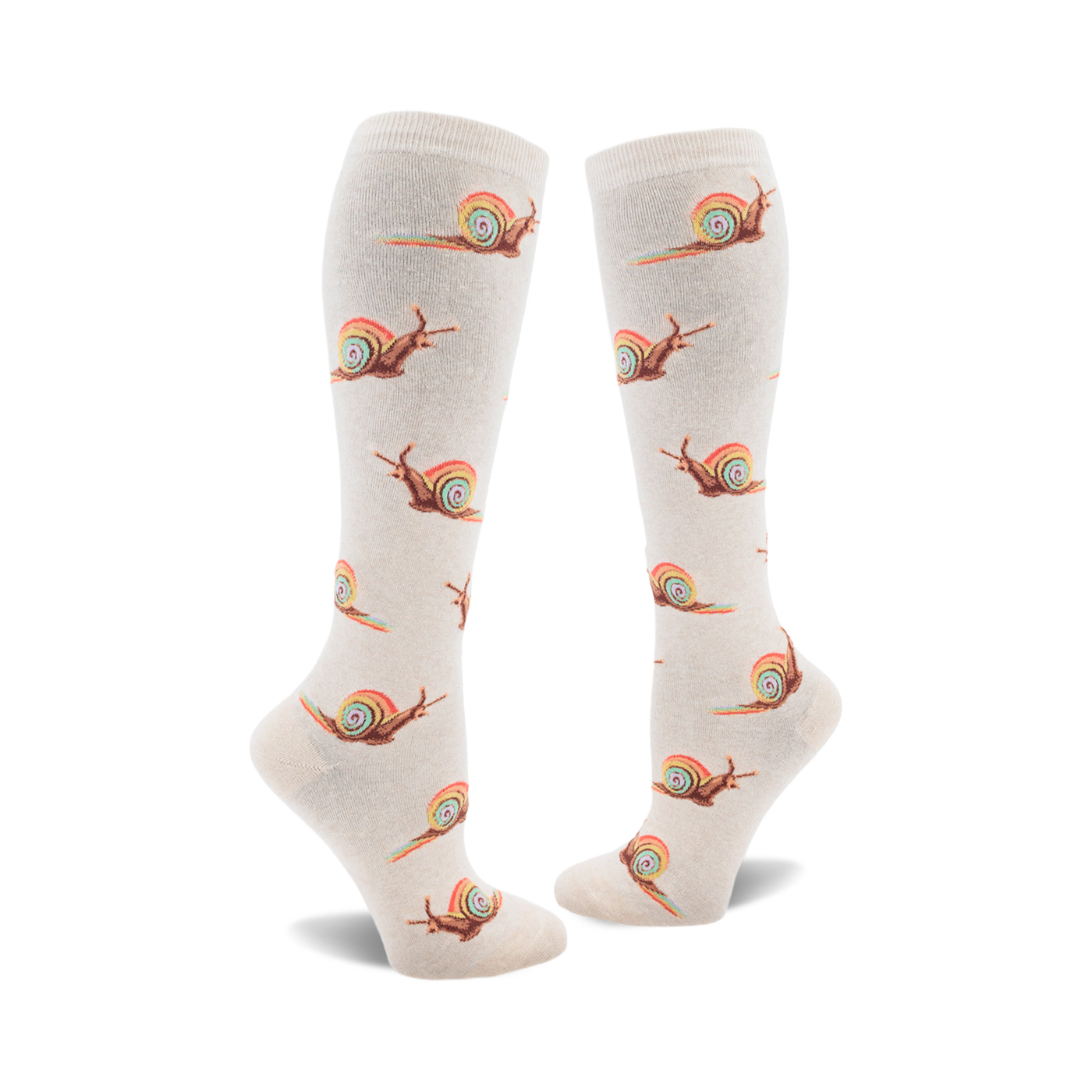 Pair of cream-colored knee-high socks adorned with a repeating pattern of brown snails leaving rainbow trails.